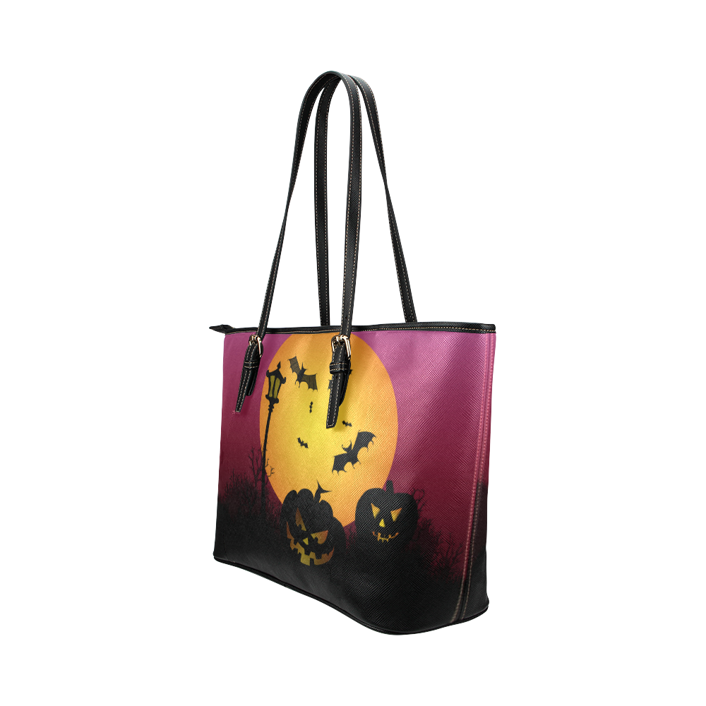 Spooky Halloween pumpkins and bats in pink Leather Tote Bag/Small (Model 1651)