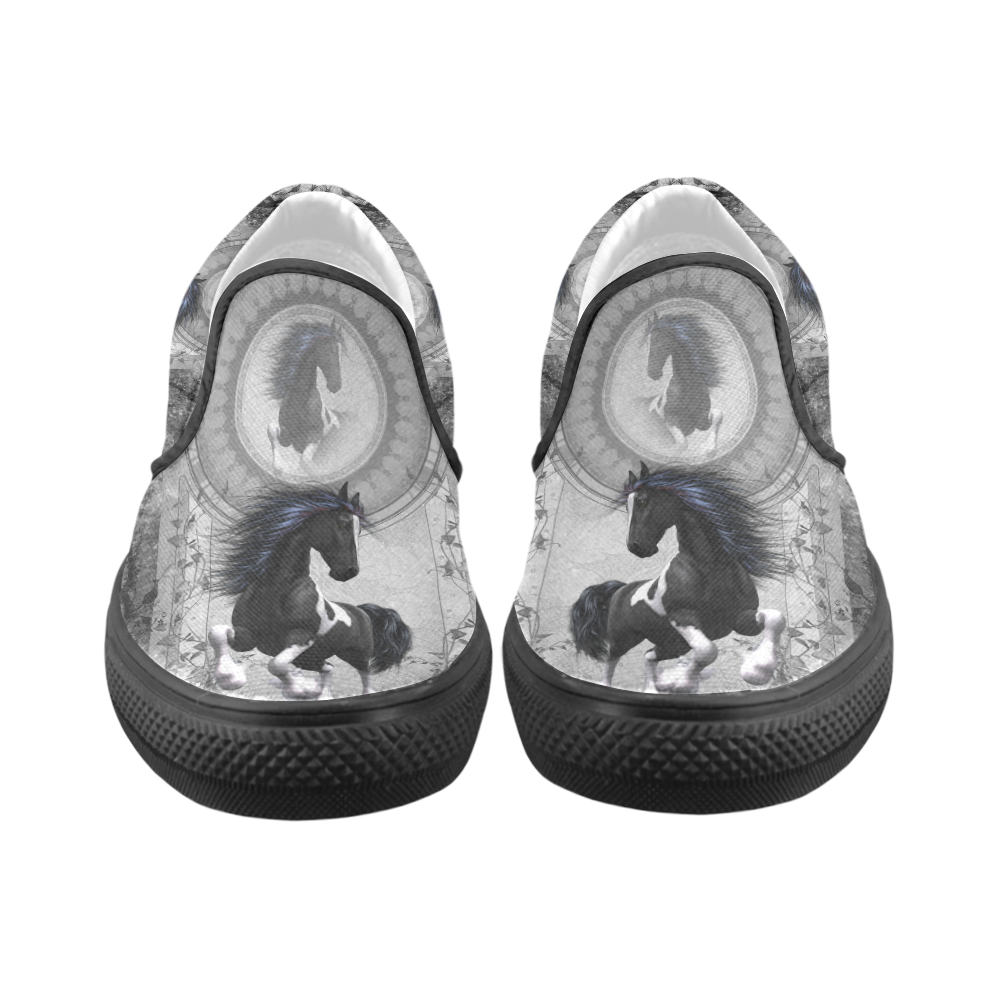 Awesome horse in black and white with flowers Women's Unusual Slip-on Canvas Shoes (Model 019)