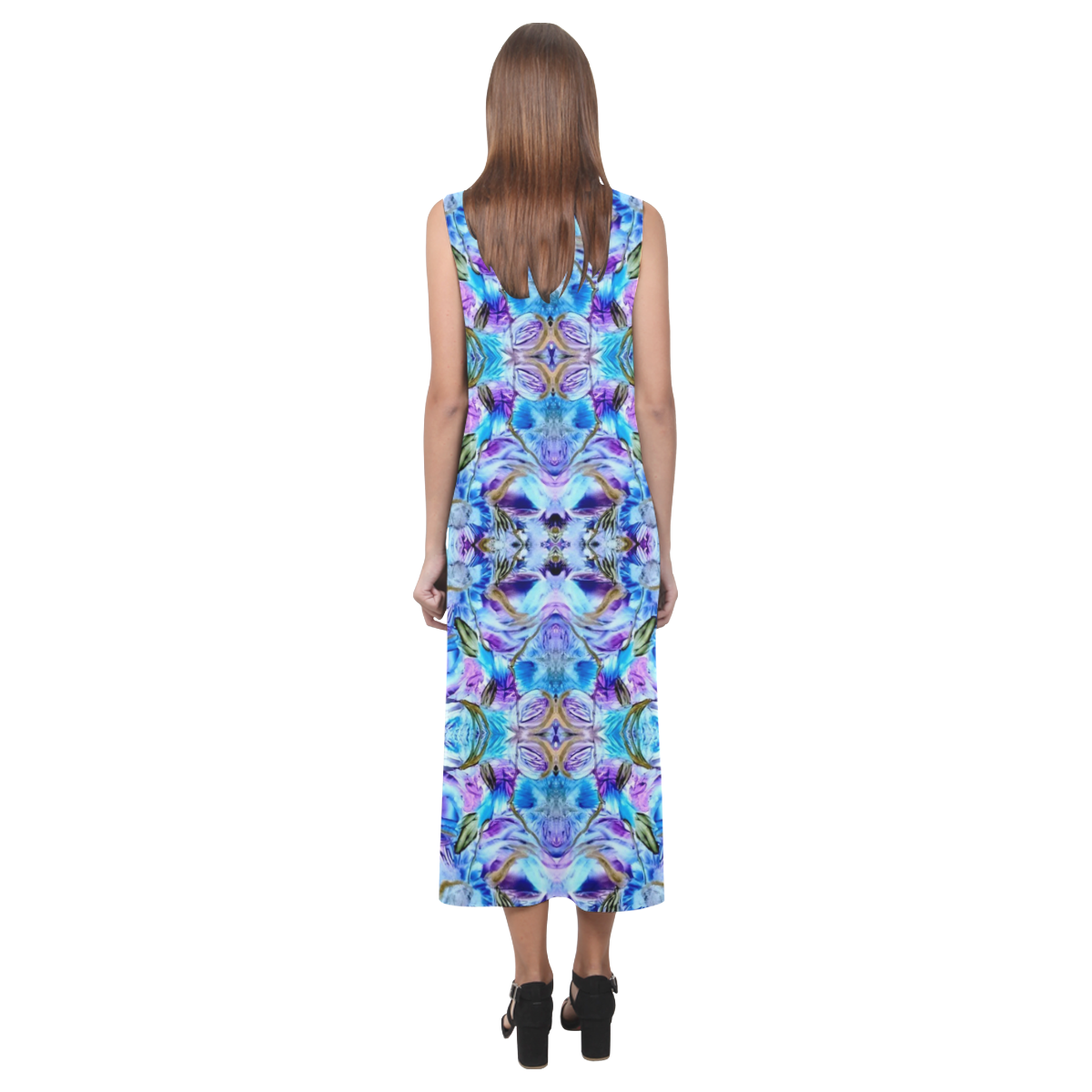 Elegant Turquoise Blue Flower Pattern Phaedra Sleeveless Open Fork Long Dress (Model D08)
