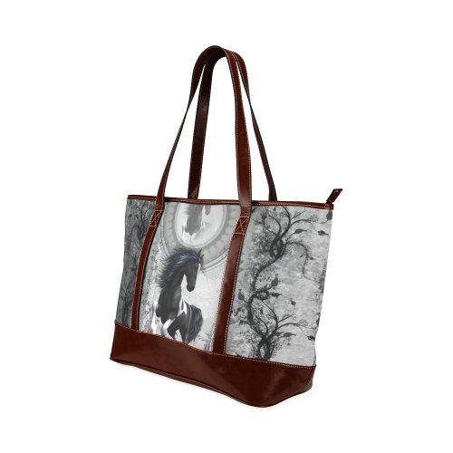 Awesome horse in black and white with flowers Tote Handbag (Model 1642)