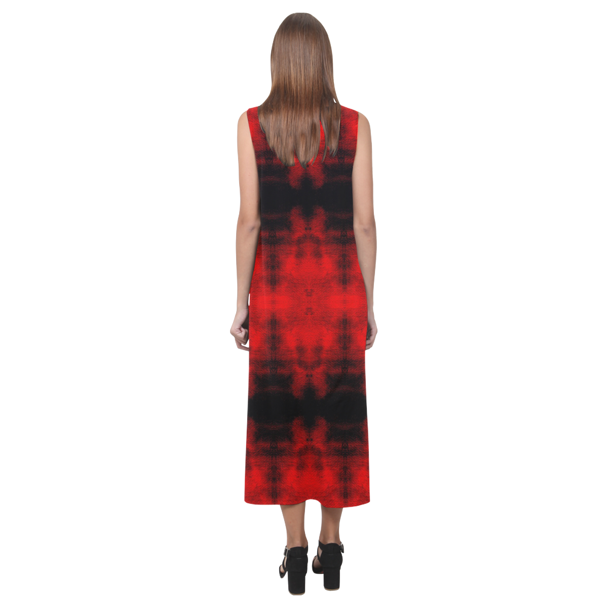 Red Black Gothic Pattern Phaedra Sleeveless Open Fork Long Dress (Model D08)