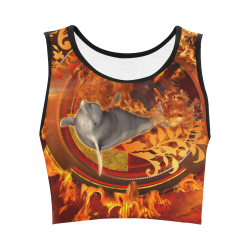Funny dolphin jumping by a fire circle Women's Crop Top (Model T42)