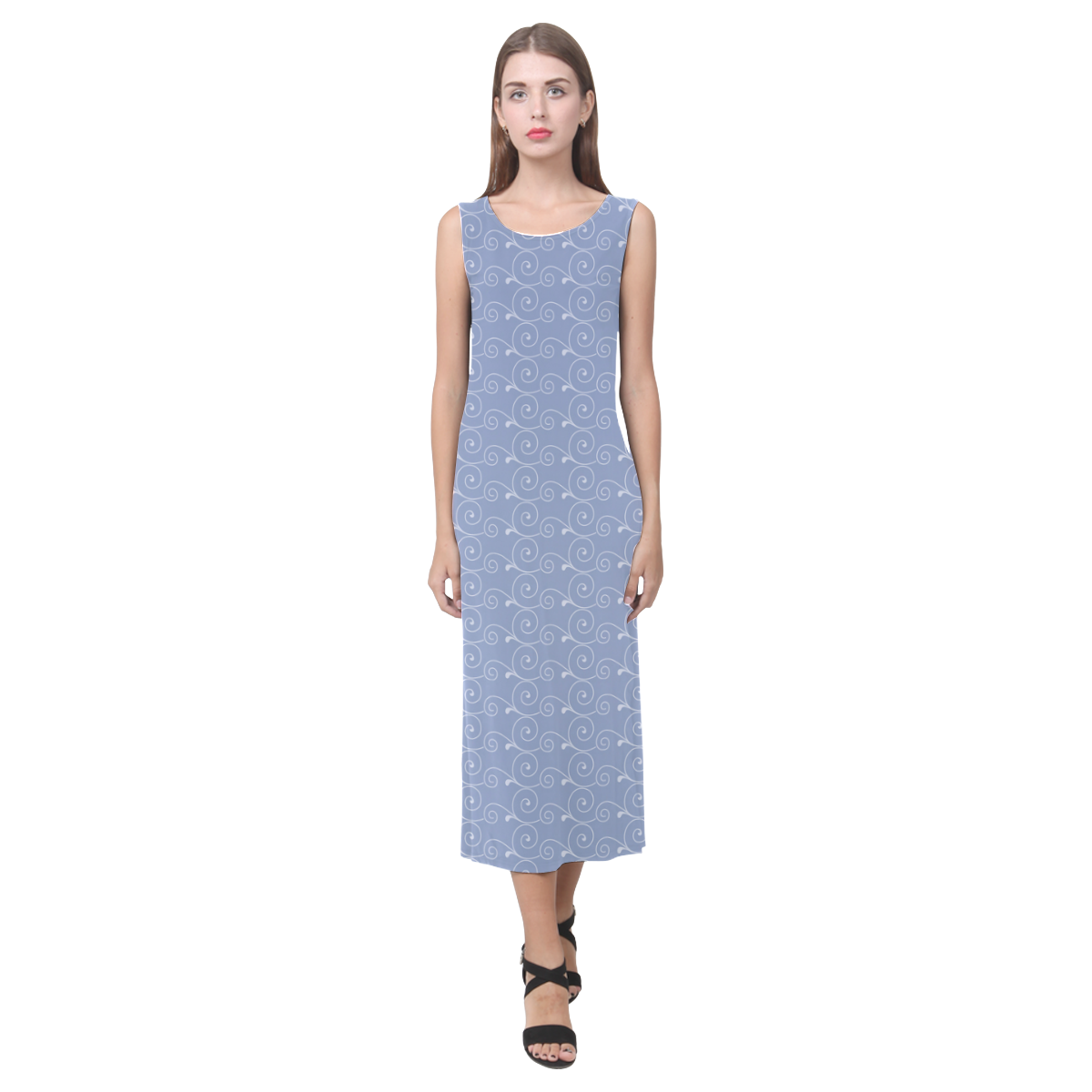 Lilac Gray Swirls Pattern Phaedra Sleeveless Open Fork Long Dress (Model D08)