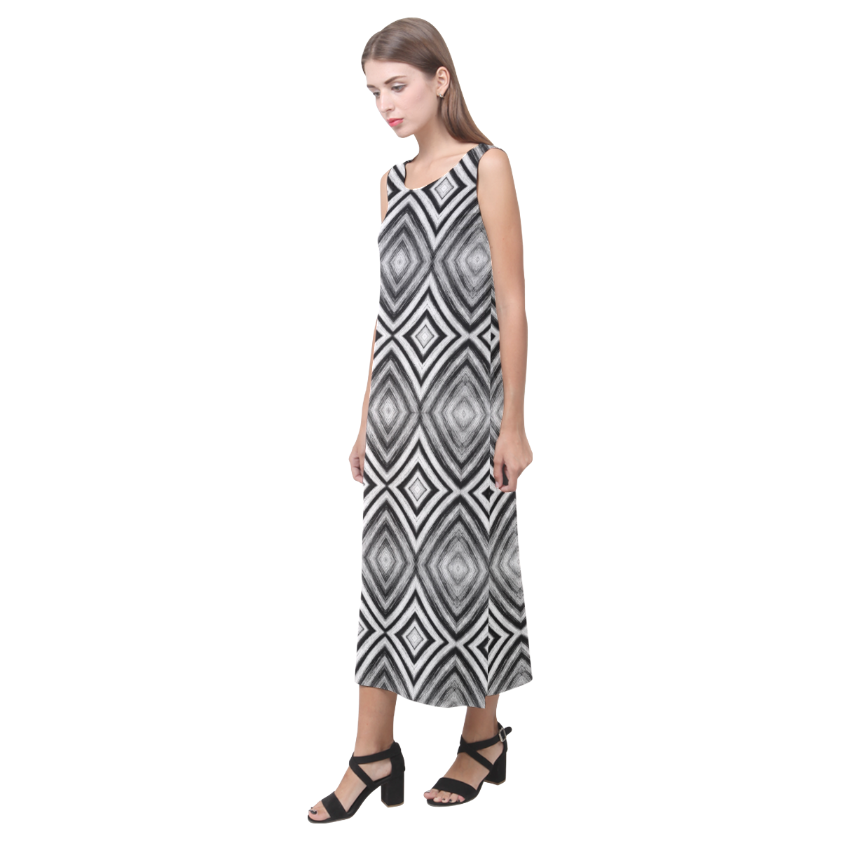 black and white diamond pattern Phaedra Sleeveless Open Fork Long Dress (Model D08)