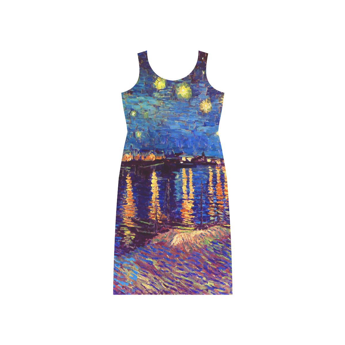 Van Gogh Starry Night Over Rhone Phaedra Sleeveless Open Fork Long Dress (Model D08)