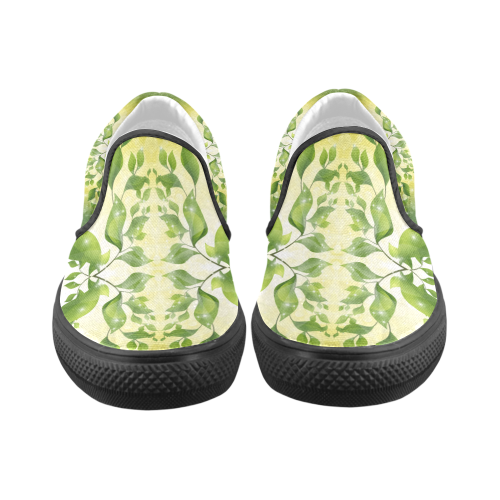 MAGIC LEAVES Kaleidoscope green yellow Women's Unusual Slip-on Canvas Shoes (Model 019)