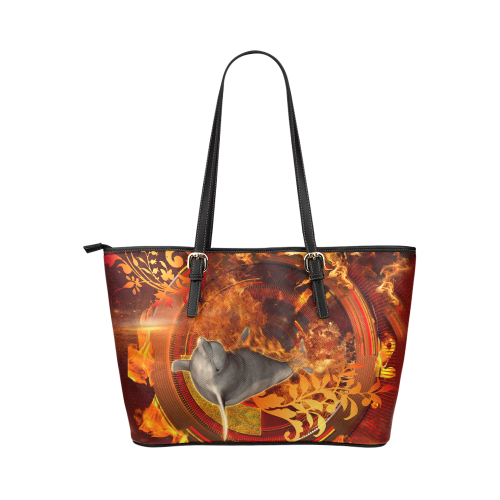 Funny dolphin jumping by a fire circle Leather Tote Bag/Small (Model 1651)