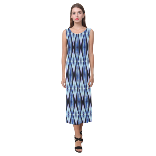 Blue White Diamond Pattern Phaedra Sleeveless Open Fork Long Dress (Model D08)
