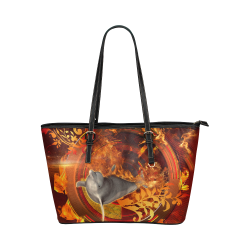 Funny dolphin jumping by a fire circle Leather Tote Bag/Large (Model 1651)