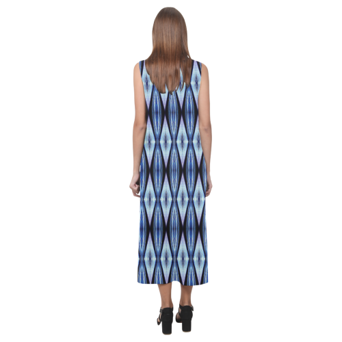 Blue White Diamond Pattern Phaedra Sleeveless Open Fork Long Dress (Model D08)