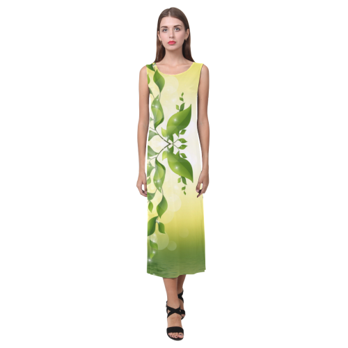 MAGIC LEAVES Kaleidoscope green yellow Phaedra Sleeveless Open Fork Long Dress (Model D08)