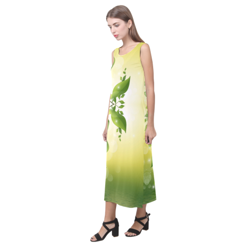 MAGIC LEAVES Kaleidoscope green yellow Phaedra Sleeveless Open Fork Long Dress (Model D08)