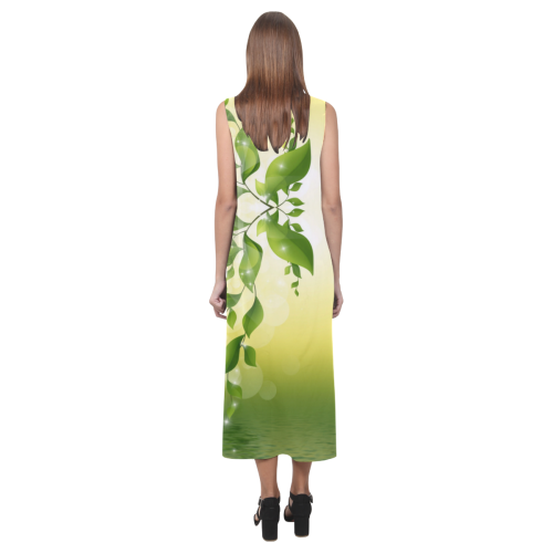 MAGIC LEAVES Kaleidoscope green yellow Phaedra Sleeveless Open Fork Long Dress (Model D08)