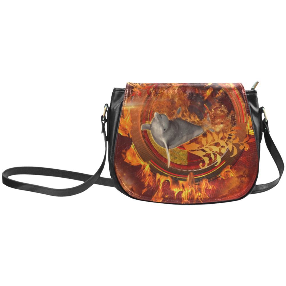 Funny dolphin jumping by a fire circle Classic Saddle Bag/Large (Model 1648)