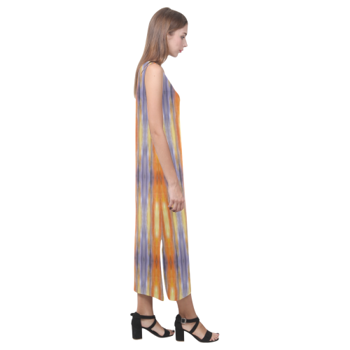 Gray Orange Stripes Pattern Phaedra Sleeveless Open Fork Long Dress (Model D08)