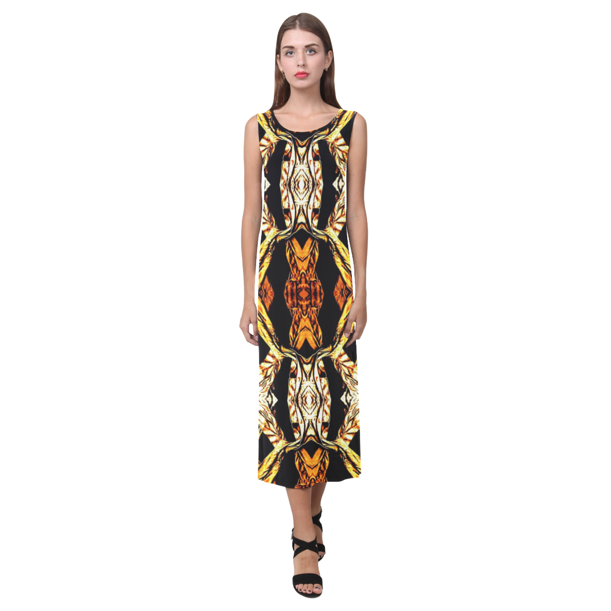 Elegant Oriental Pattern Black Gold Phaedra Sleeveless Open Fork Long Dress (Model D08)