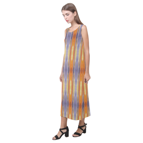 Gray Orange Stripes Pattern Phaedra Sleeveless Open Fork Long Dress (Model D08)