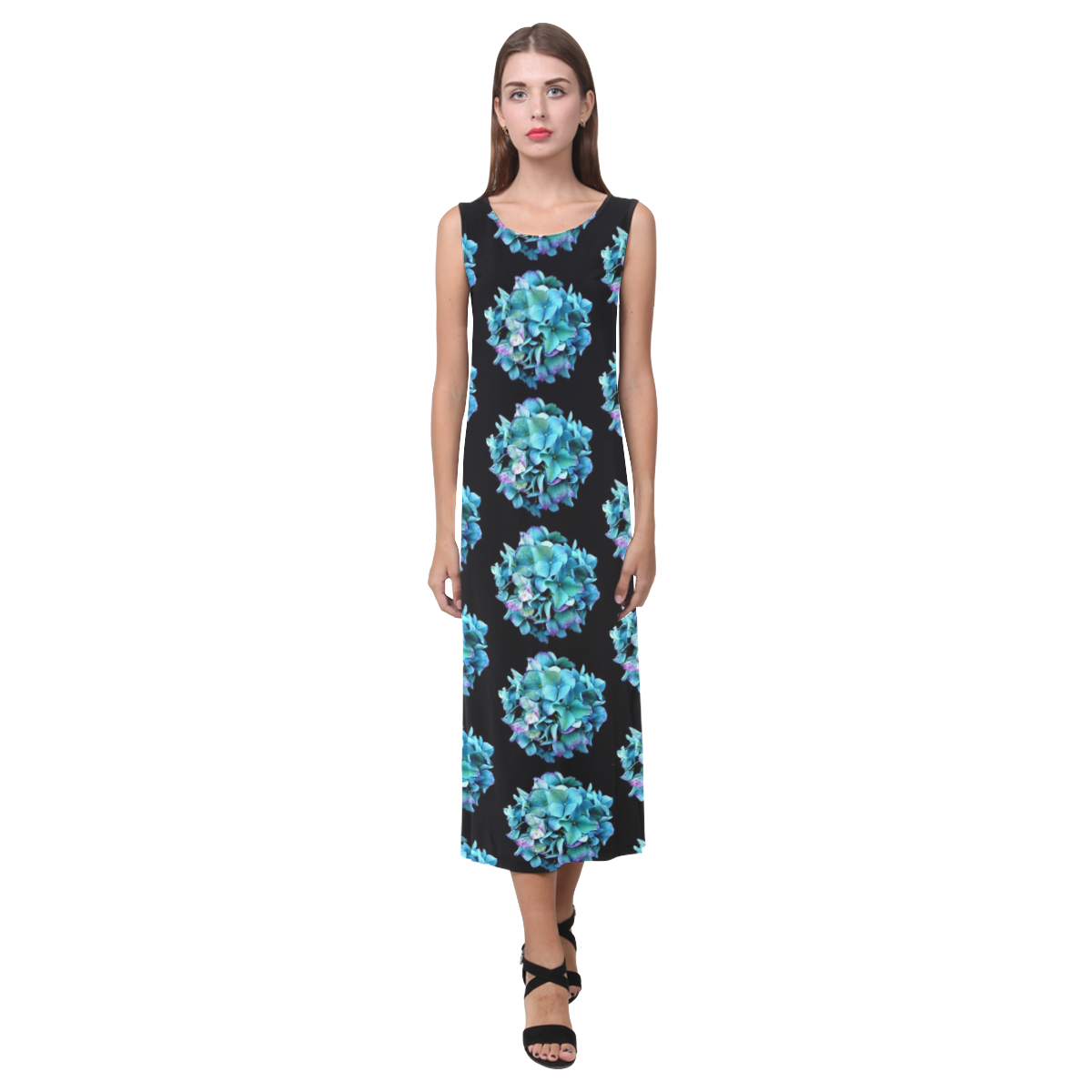 Green Blue Hydrangea Pattern Phaedra Sleeveless Open Fork Long Dress (Model D08)