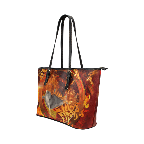 Funny dolphin jumping by a fire circle Leather Tote Bag/Small (Model 1651)
