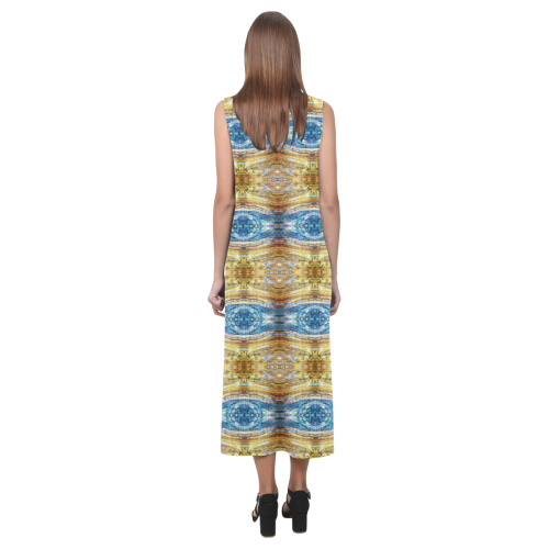 Gold and Blue Elegant Pattern Phaedra Sleeveless Open Fork Long Dress (Model D08)
