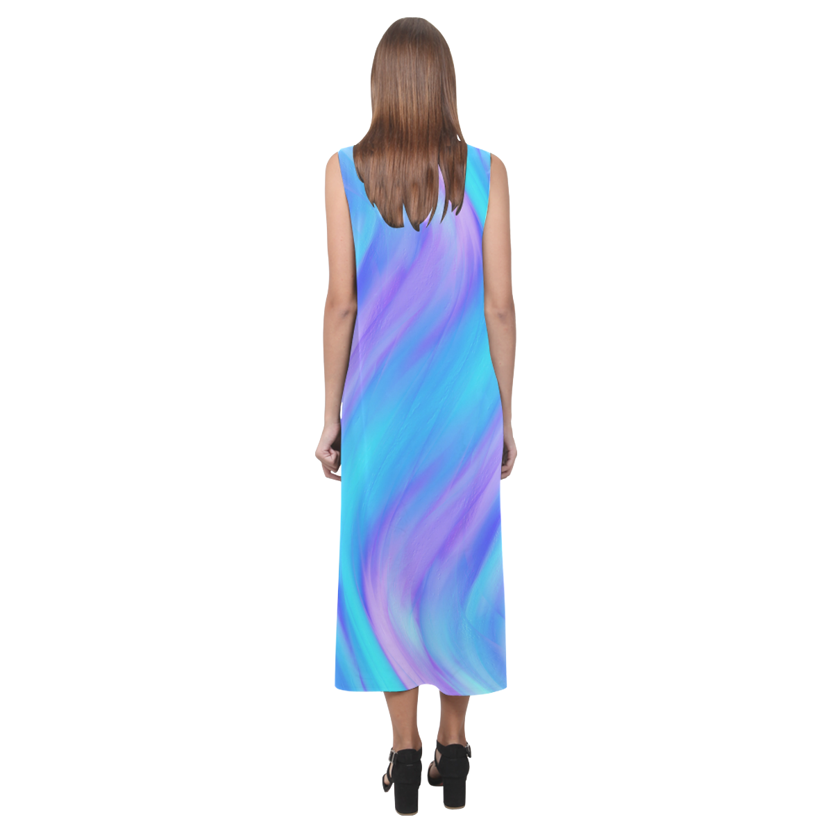blue and pink feathers Phaedra Sleeveless Open Fork Long Dress (Model D08)