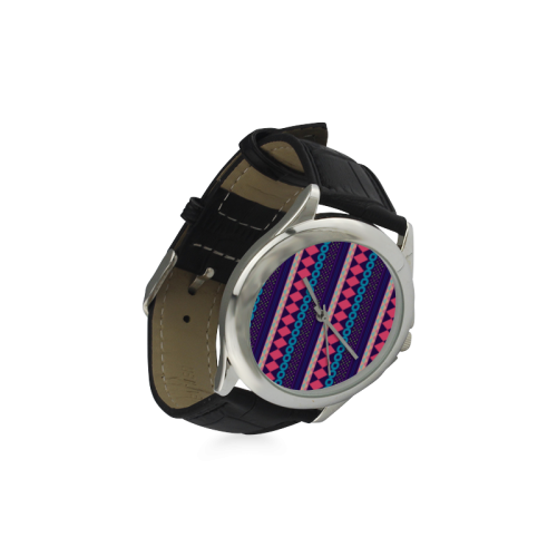 Purple and Pink Retro Geometric Pattern Women's Classic Leather Strap Watch(Model 203)