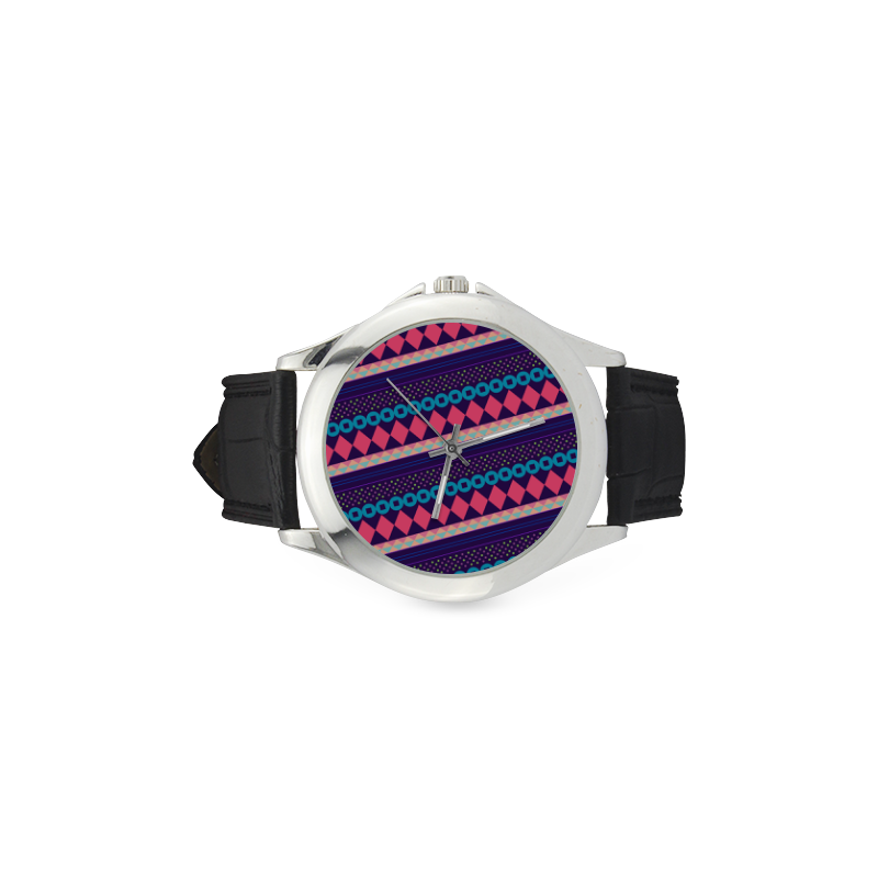 Purple and Pink Retro Geometric Pattern Women's Classic Leather Strap Watch(Model 203)