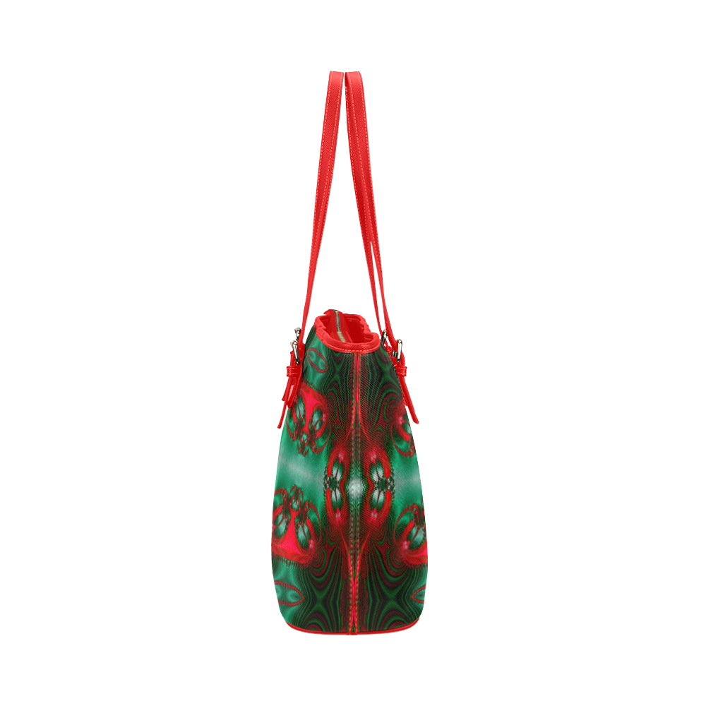 Fractal: Red & Green Christmas Presents Leather Tote Bag/Small (Model 1651)
