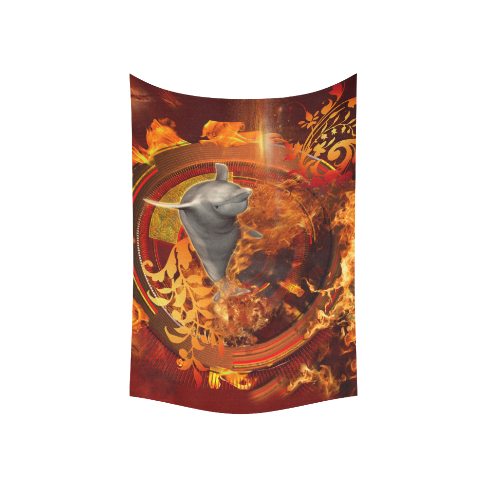 Funny dolphin jumping by a fire circle Cotton Linen Wall Tapestry 60"x 40"