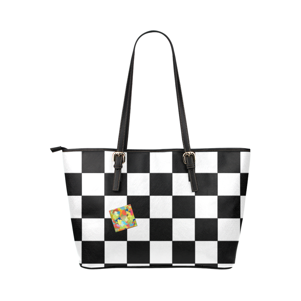 Dropout Splash Black and White Check Leather Tote Bag/Small (Model 1651)