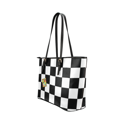 Dropout Splash Black and White Check Leather Tote Bag/Small (Model 1651)