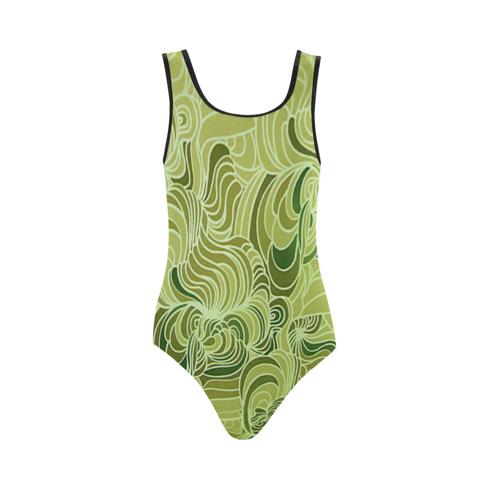 Green doodle drawing tones Vest One Piece Swimsuit (Model S04)
