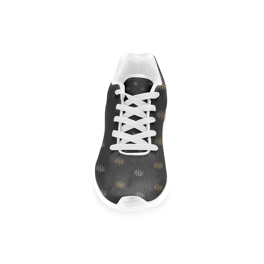 METALLICS: Silver & Gold Snowflakes on Black Men’s Running Shoes (Model 020)