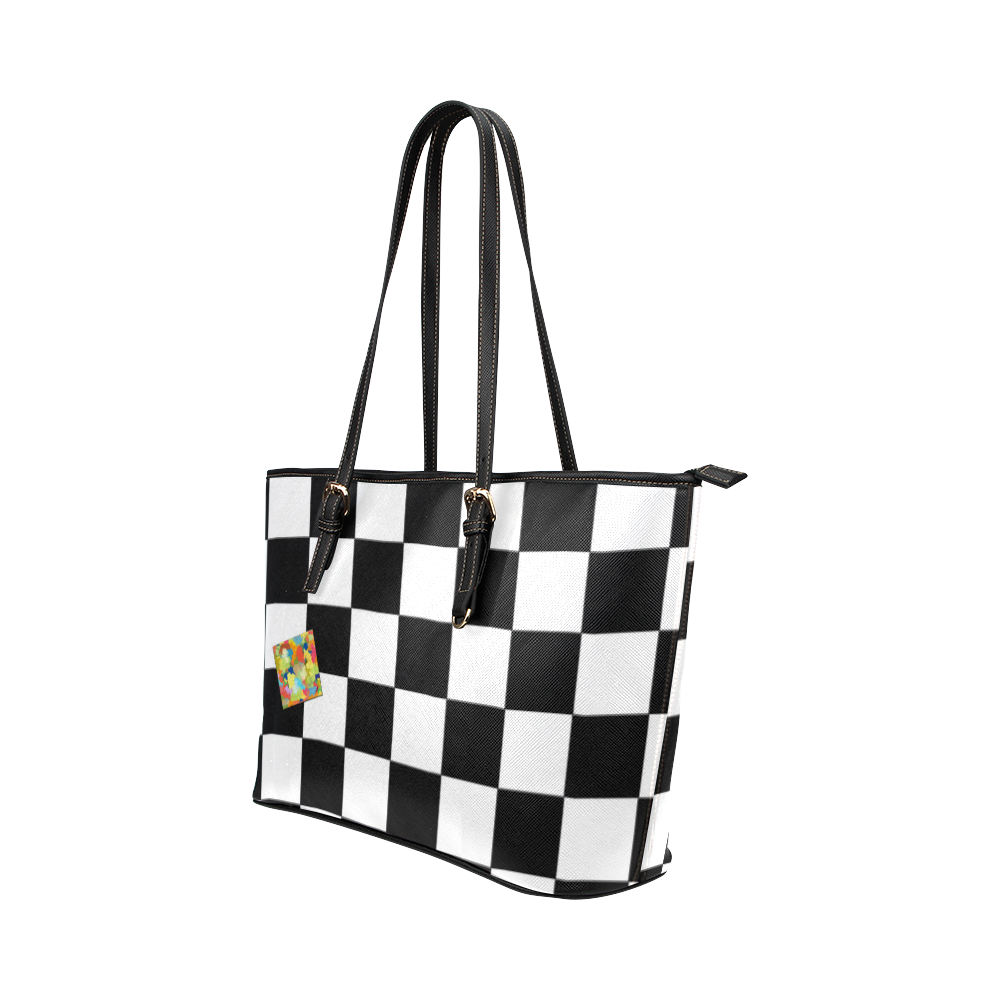 Dropout Splash Black and White Check Leather Tote Bag/Small (Model 1651)