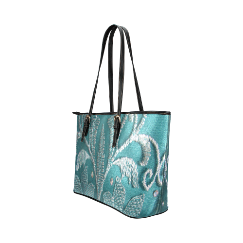 Silver on green embroidery Leather Tote Bag/Small (Model 1651)