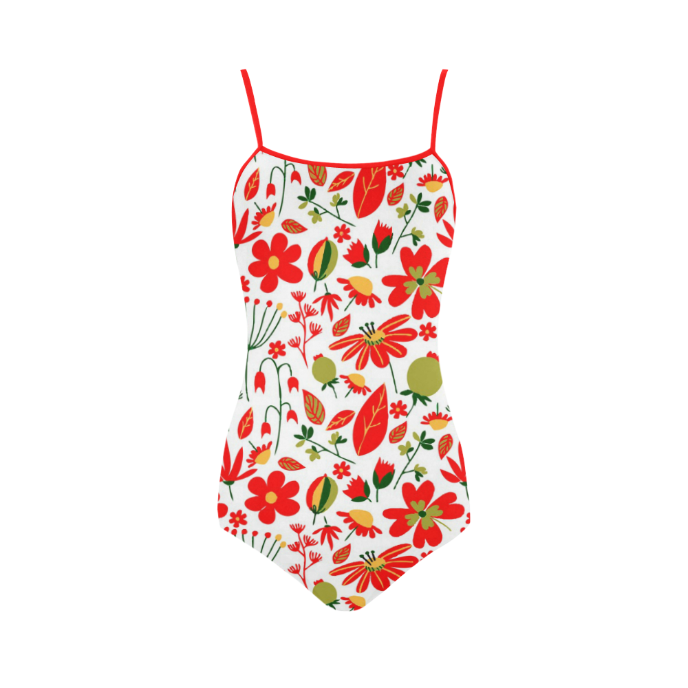 Cute Red Flowers Leaves Nature Strap Swimsuit ( Model S05)
