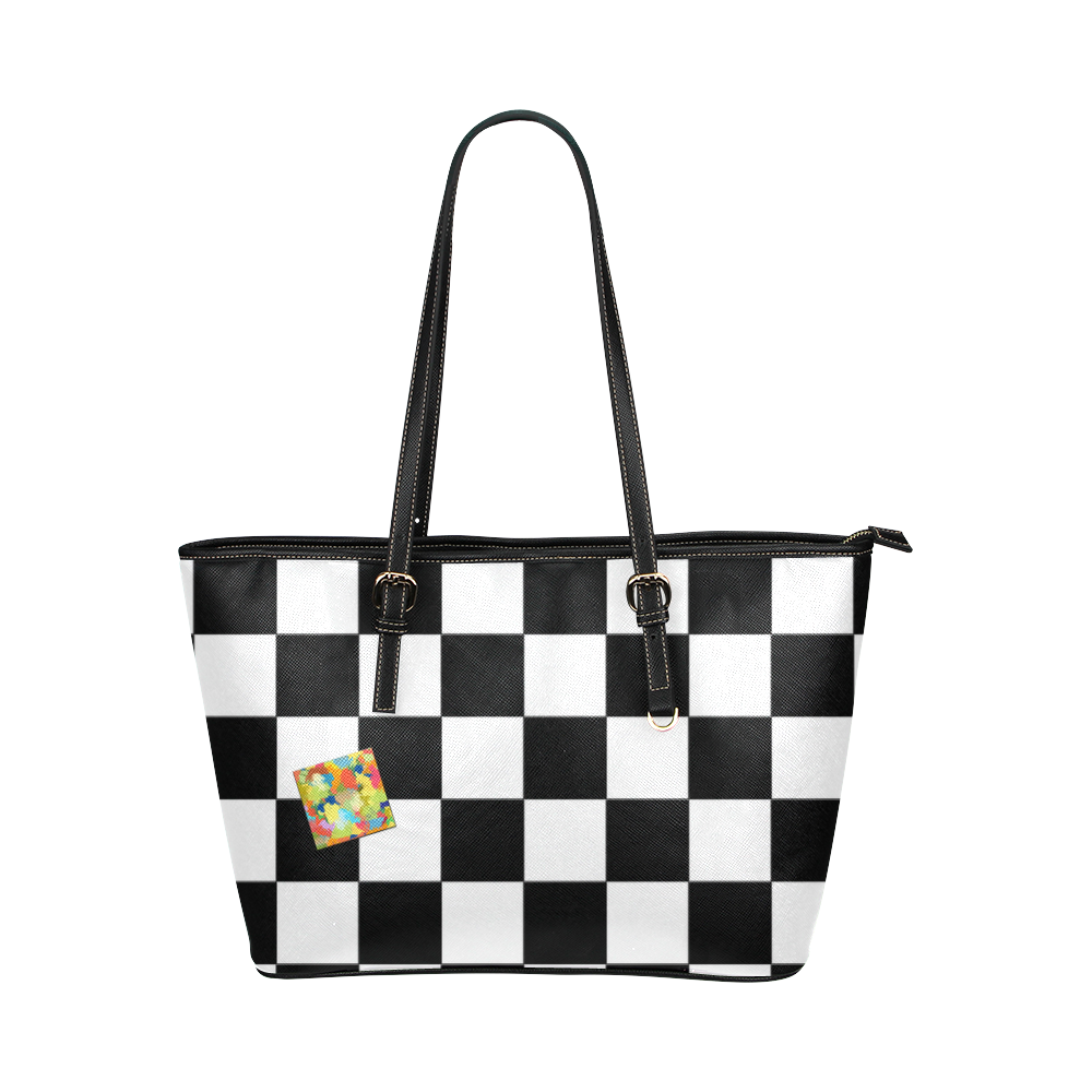 Dropout Splash Black and White Check Leather Tote Bag/Small (Model 1651)