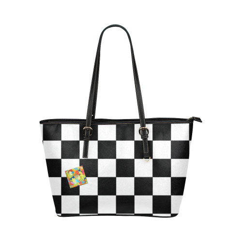 Dropout Splash Black and White Check Leather Tote Bag/Small (Model 1651)