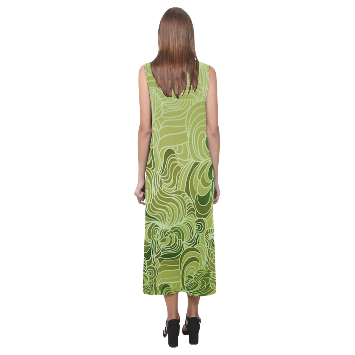 Green doodle drawing tones Phaedra Sleeveless Open Fork Long Dress (Model D08)