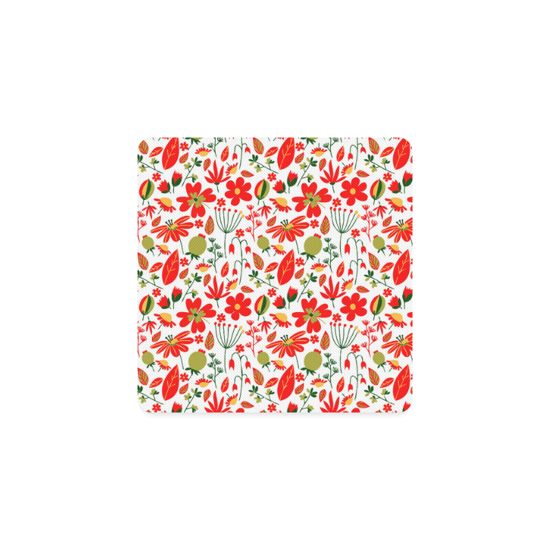 Cute Red Flowers Leaves Nature Square Coaster