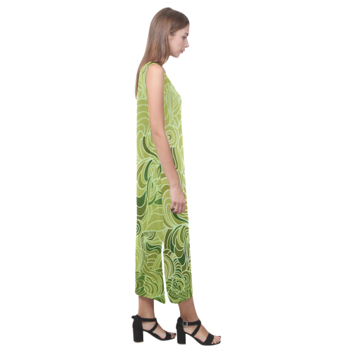 Green doodle drawing tones Phaedra Sleeveless Open Fork Long Dress (Model D08)