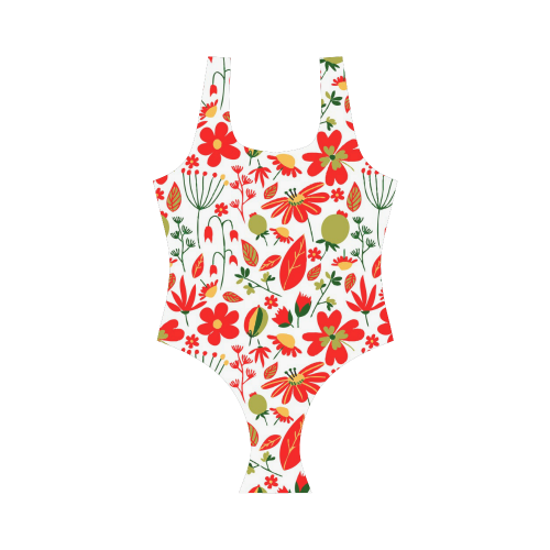 Cute Red Flowers Leaves Nature Vest One Piece Swimsuit (Model S04)