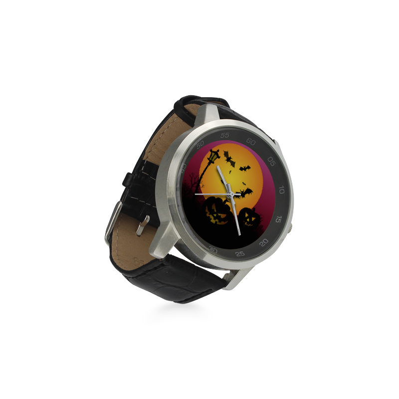 Spooky Halloween pumpkins and bats in pink Unisex Stainless Steel Leather Strap Watch(Model 202)