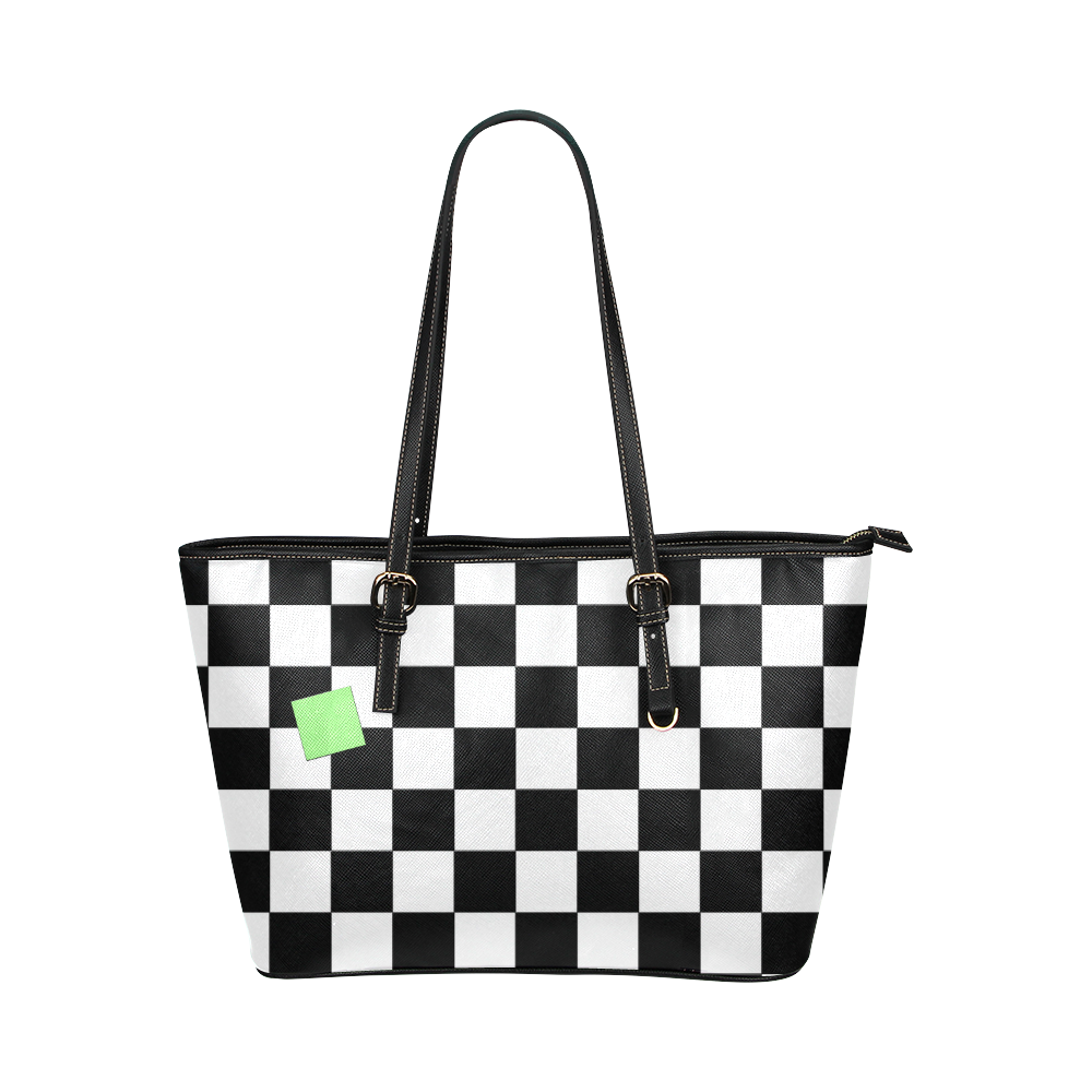 Dropout Light Green Black and White Check Leather Tote Bag/Small (Model 1651)