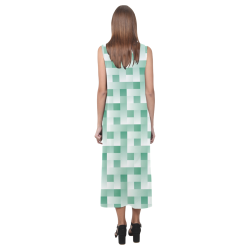 Mint/White Square Pattern Phaedra Sleeveless Open Fork Long Dress (Model D08)