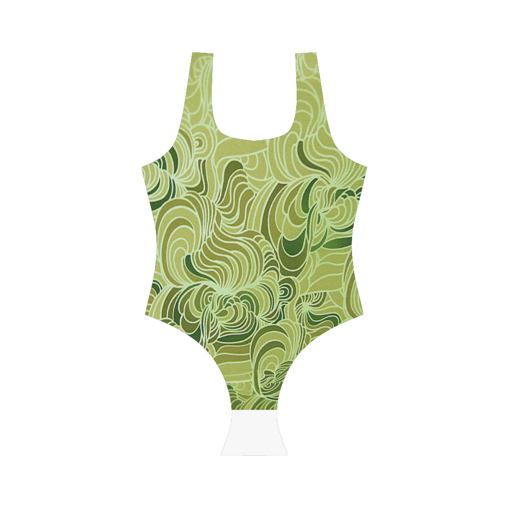 Green doodle drawing tones Vest One Piece Swimsuit (Model S04)