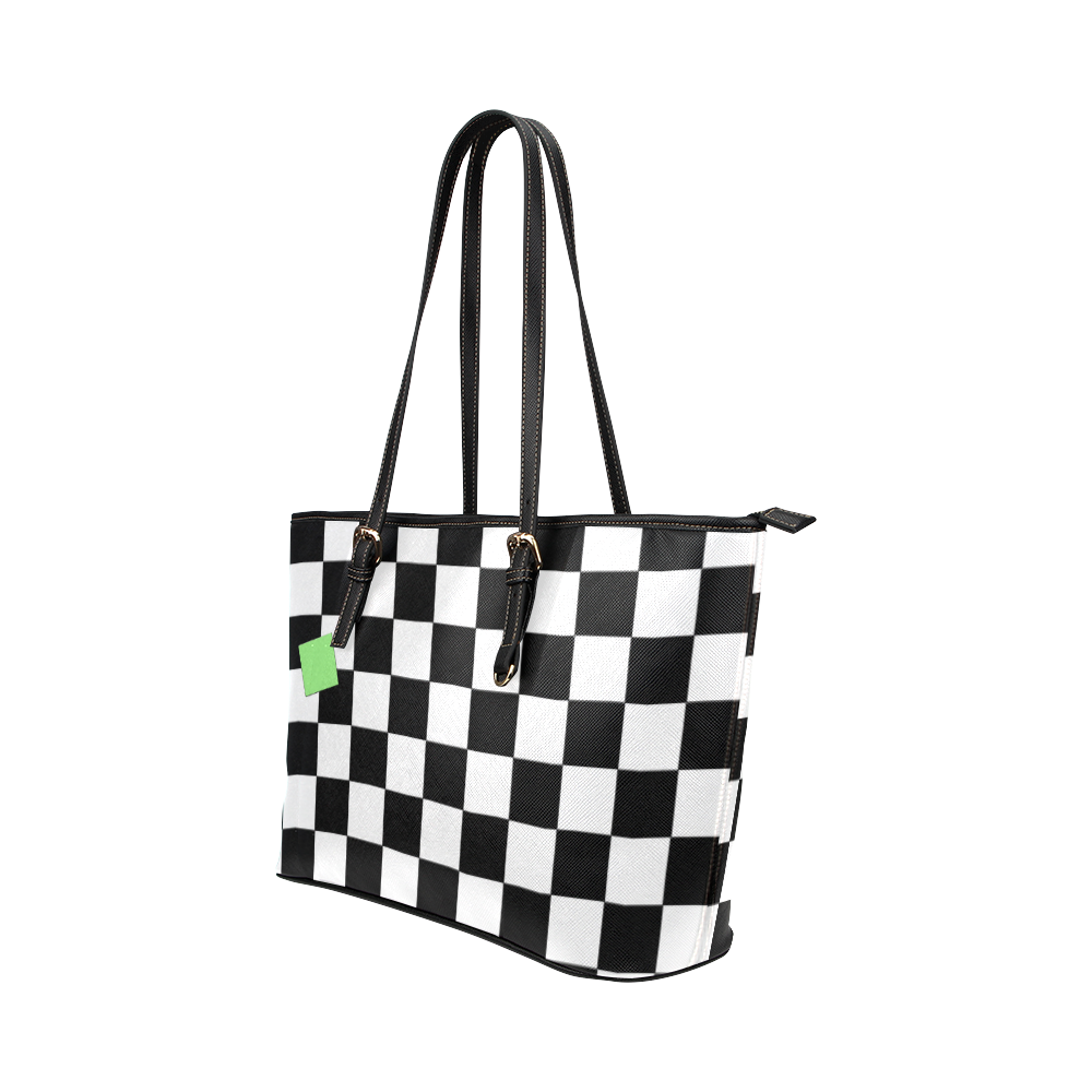 Dropout Light Green Black and White Check Leather Tote Bag/Small (Model 1651)