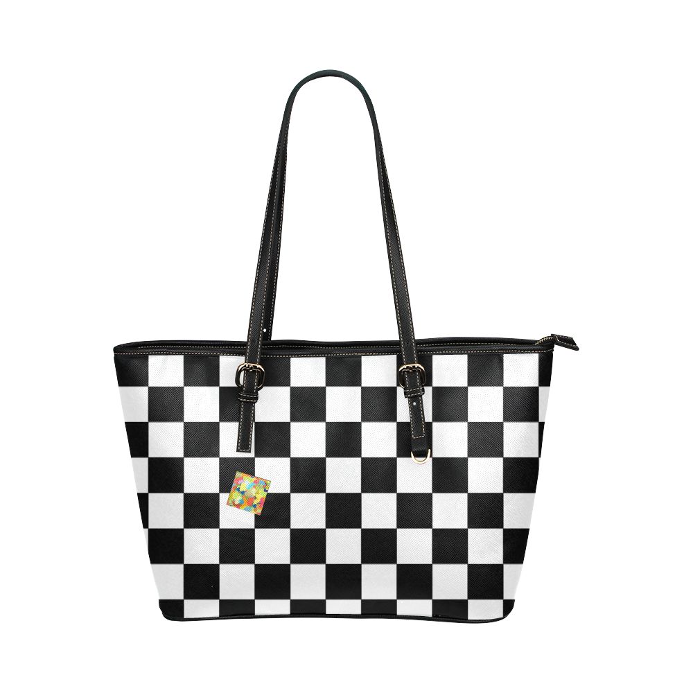 Dropout Splash Black and White Check Two Face Leather Tote Bag/Small (Model 1651)