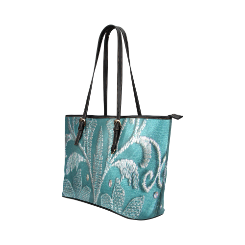 Silver on green embroidery Leather Tote Bag/Small (Model 1651)