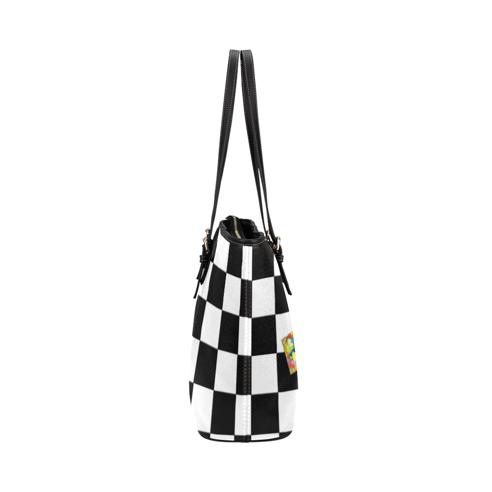 Dropout Splash Black and White Check Leather Tote Bag/Small (Model 1651)